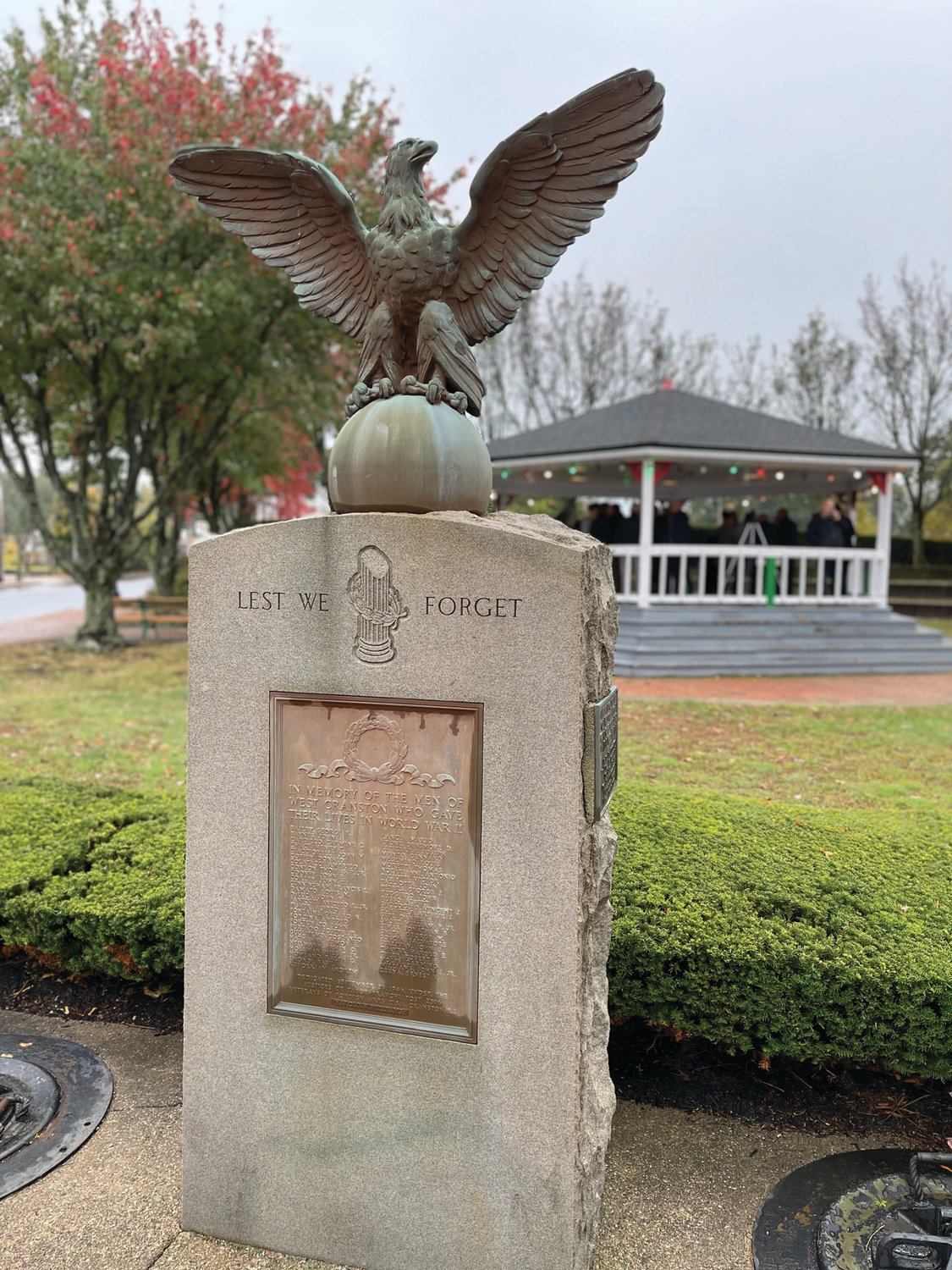 HONORING HERITAGE: A monument to the Western Cranston residents lost in World War II sits outside the Knightsville Gazebo, which will be replaced as part of the city’s revitalization effort.